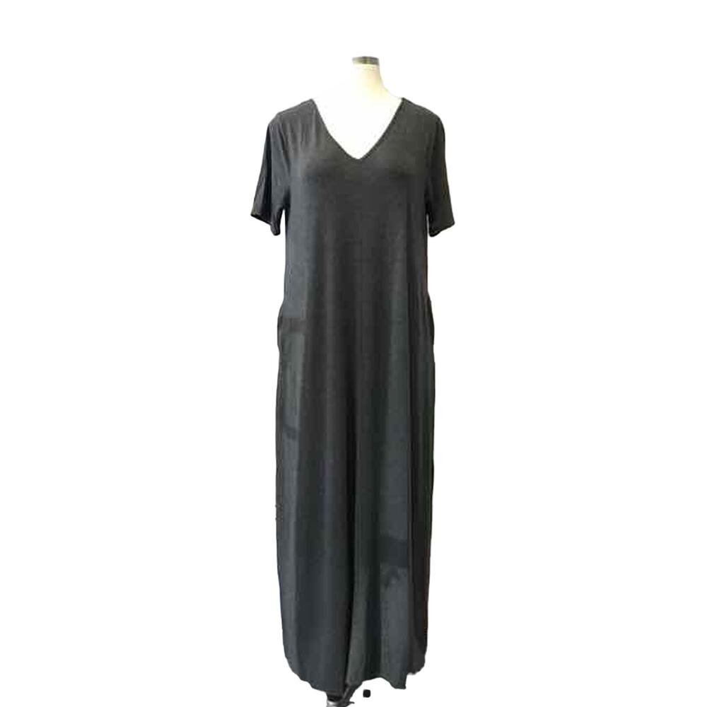 Zenana Size 1X Charcoal Knit‎ Maxi Dress with Side Pockets V-neck